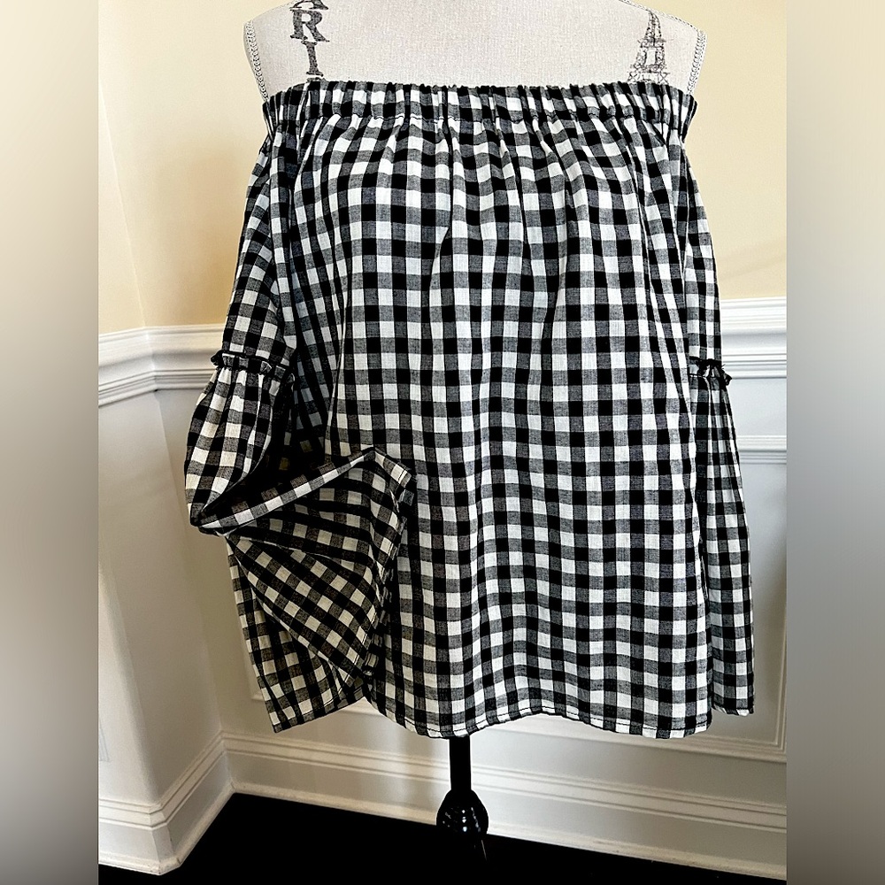 Who What Wear Black & White Checkered Gingham-Off the Shoulder Bell Sleeve Top.